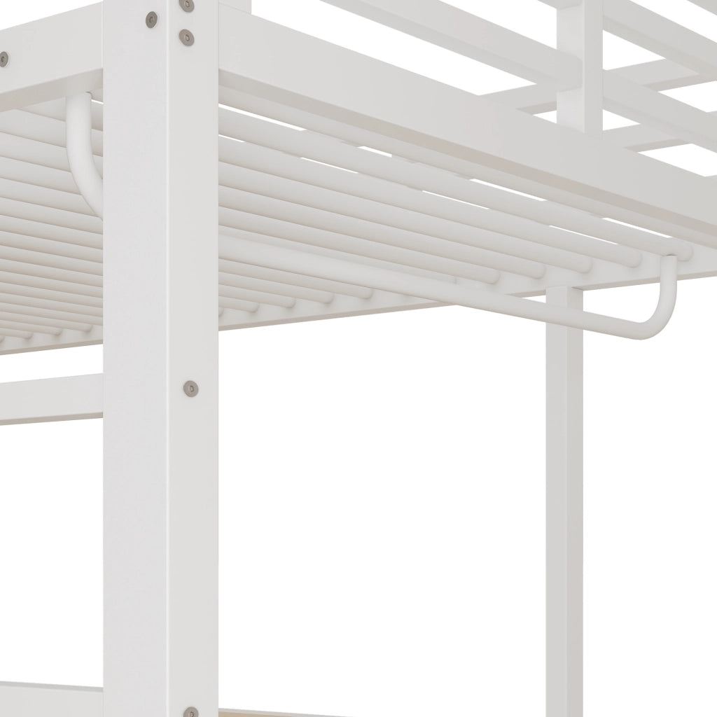 Letto a soppalco 90x200 cm con scrivania, appendiabiti, scaffali e cassettiere, bianco, senza materasso