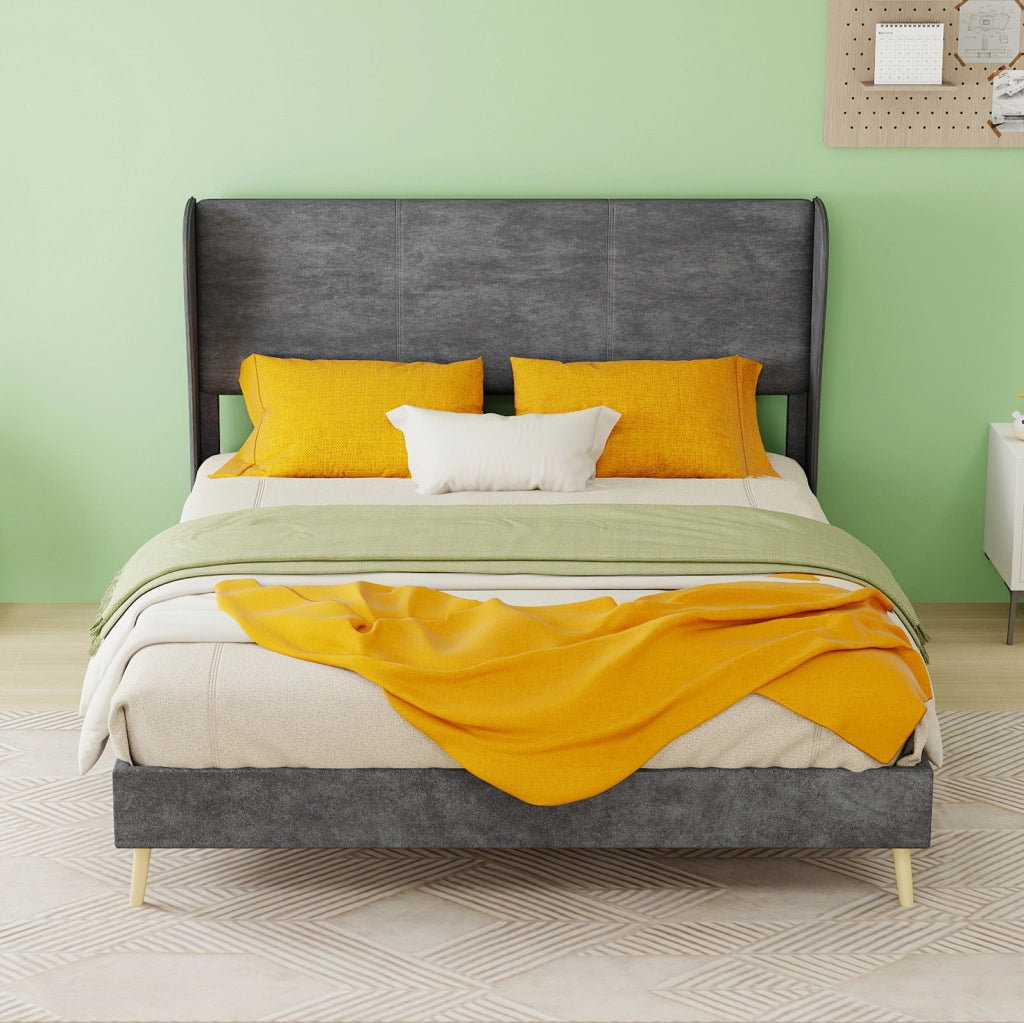 Letto imbottito moderno 140x200 cm con testiera morbida grigia, struttura bassa senza contenitore
