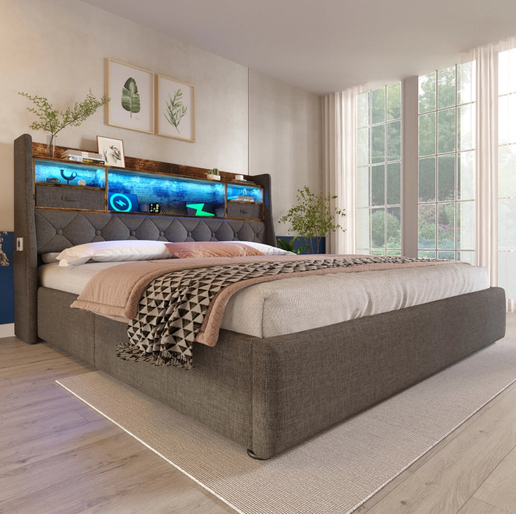 Letto contenitore adulti 160x200 cm con testiera imbottita, rete a doghe, LED e USB in tessuto grigio, materasso incluso