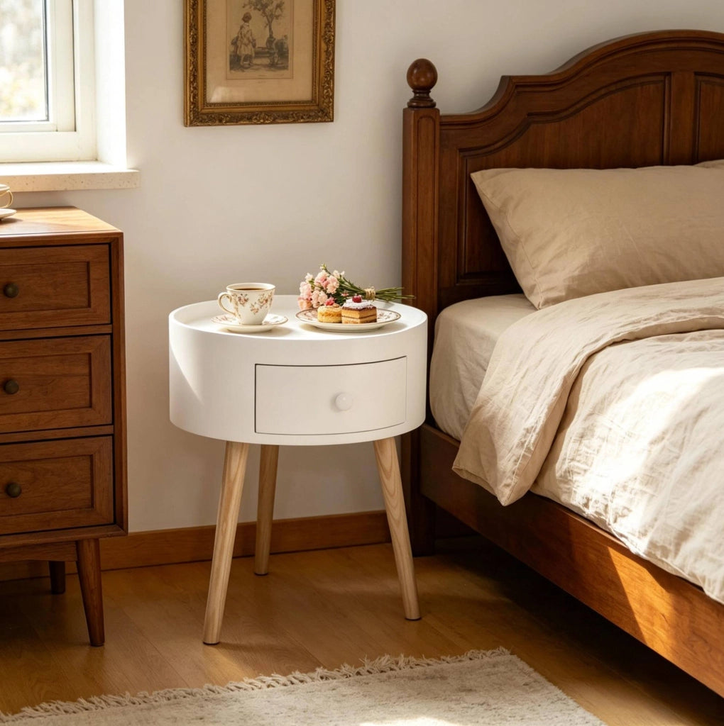Comodino rotondo con cassetto, bianco e legno chiaro