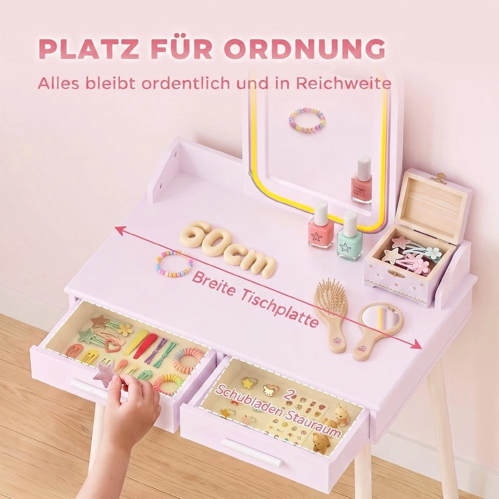 Toletta per bambini 2 in 1 con specchio LED rosa, tavolo da trucco con luci a 3 colori e cassetti, pratica per cameretta