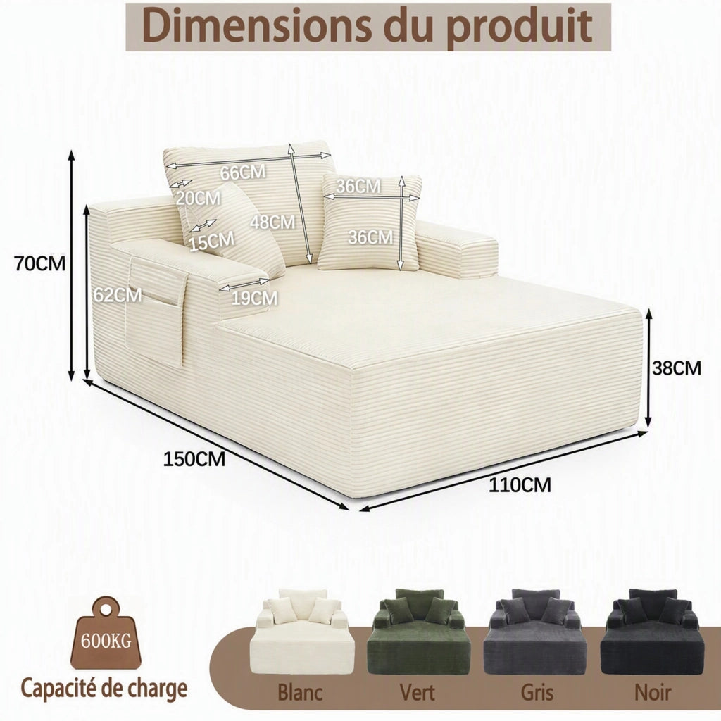 Divano IVMEU in velluto a coste beige con tasche laterali e cuscini per soggiorno