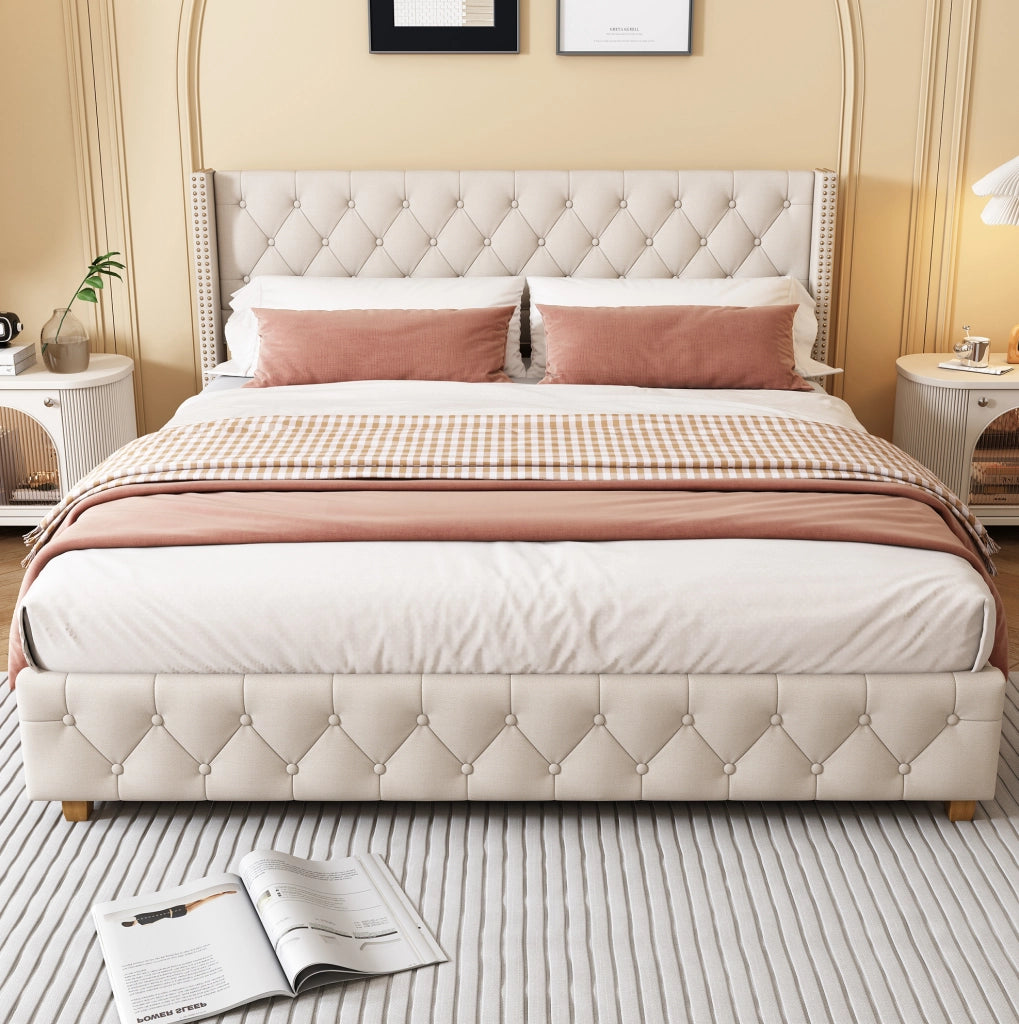 Letto imbottito 140x190 cm con rete a doghe e testiera capitonné in lino beige