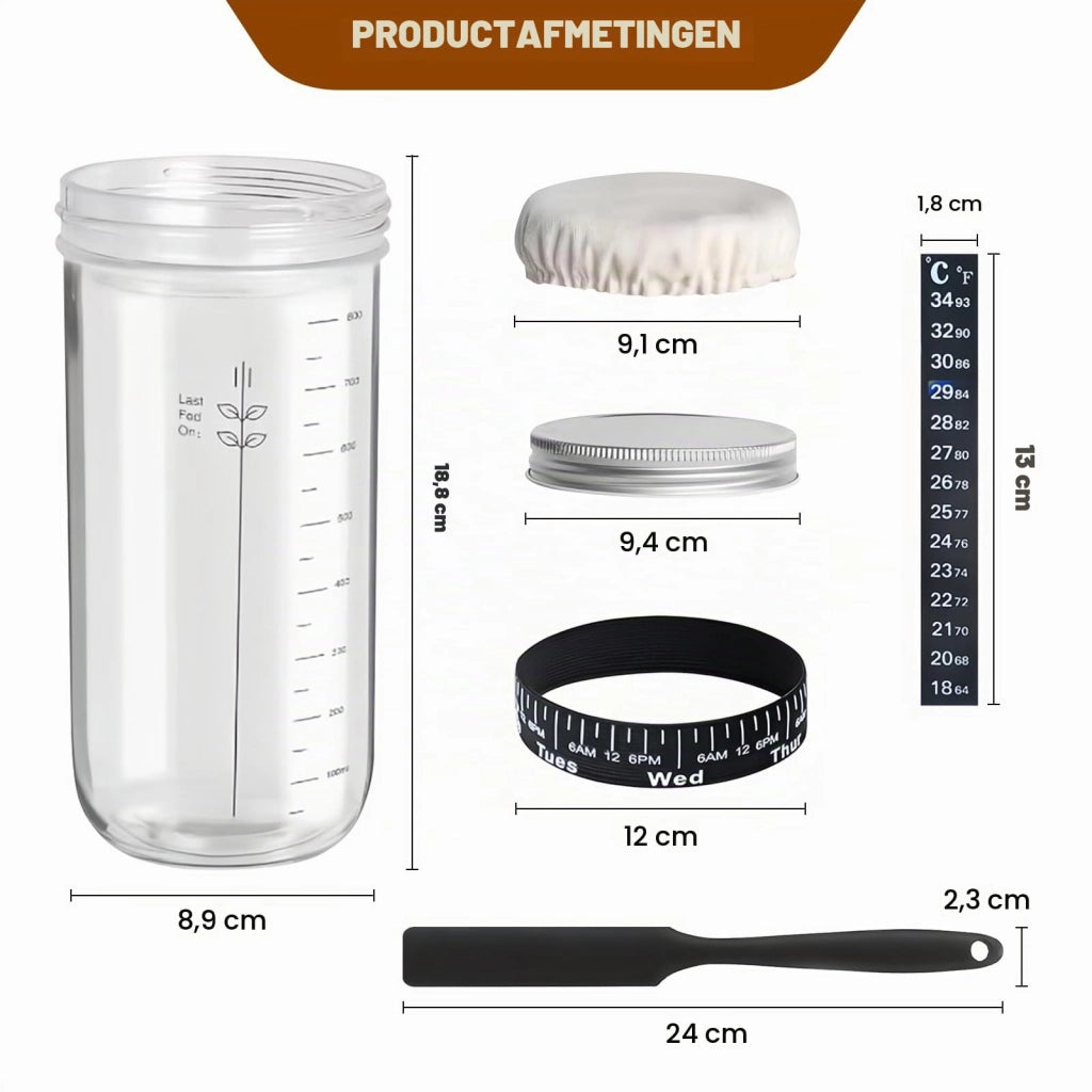 Kit per la preparazione del lievito madre, completo di termometro, spatola, coperchio e elastico