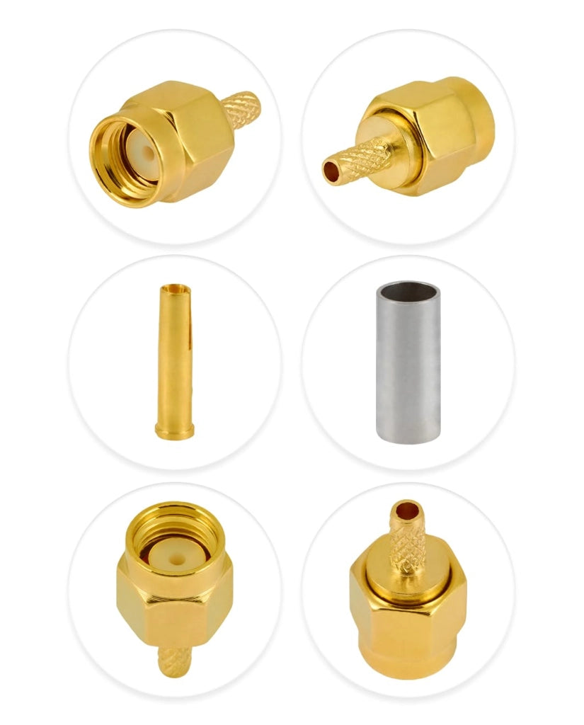 10 connettori RP-SMA maschio a crimpare, per cavi RG316 e RG174, impedenza 50 Ohm