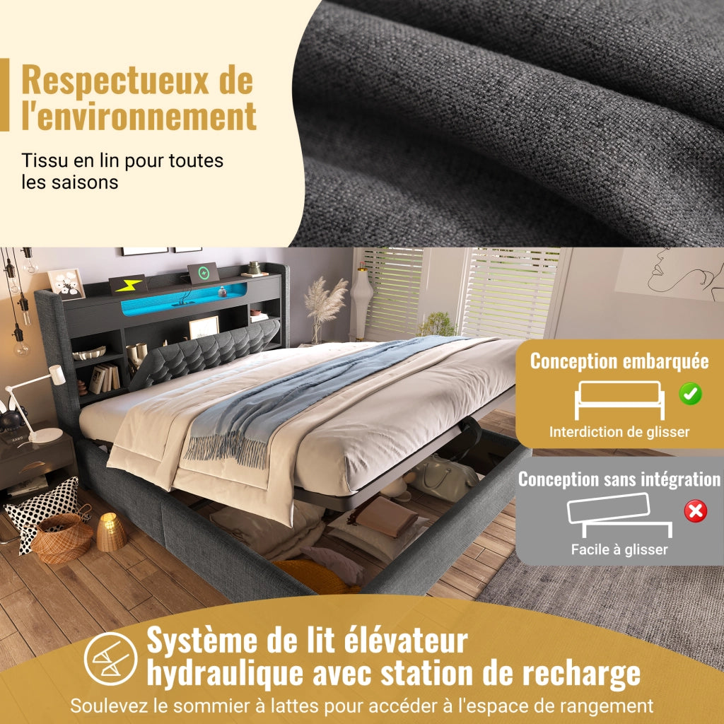 Letto matrimoniale 140 × 190 cm con contenitore idraulico LED USB C in lino grigio con testiera a ripiani