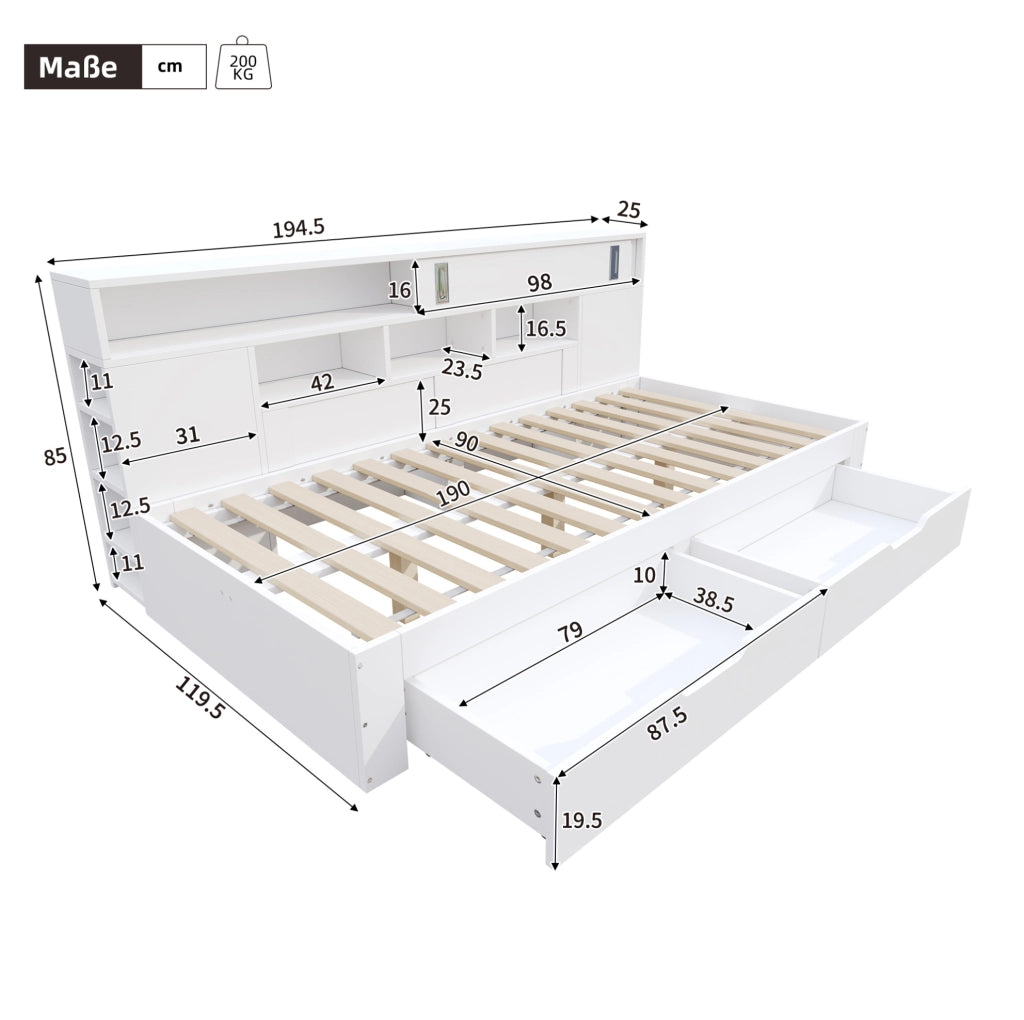 Letto singolo multifunzione 90 × 190 cm con 2 cassetti e armadietti; MDF bianco