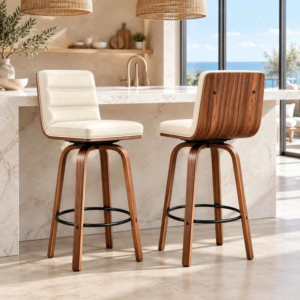Sgabello da bar crema con rivestimento in similpelle e gambe in faggio