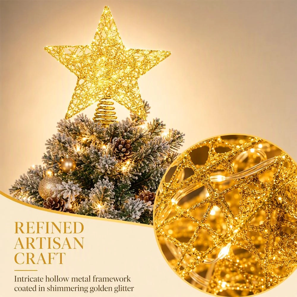 Stella per la punta dell'albero di Natale, 20 x 25 cm, color oro, con 20 LED bianchi caldi, alimentata a batteria