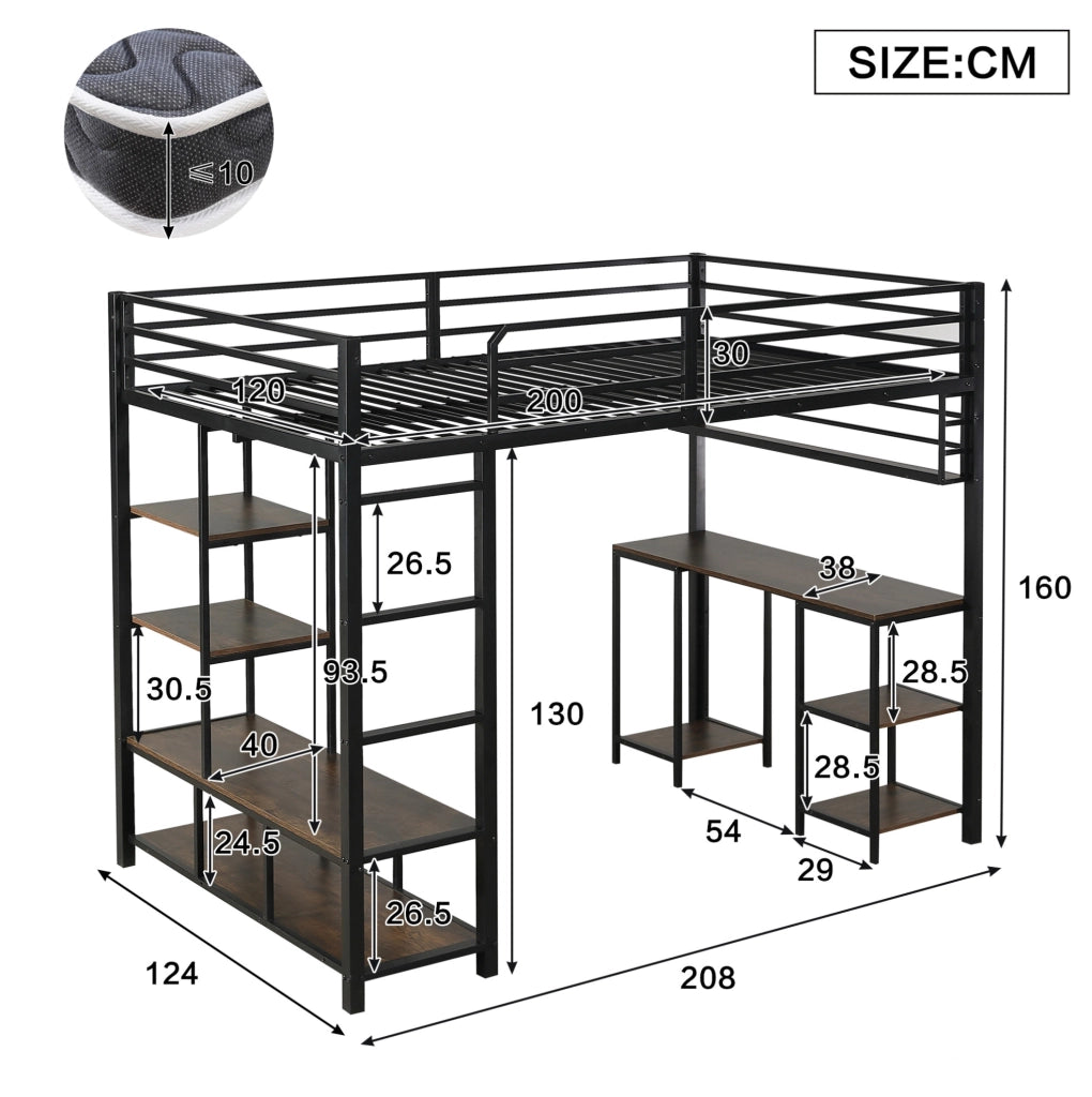 Letto a soppalco 120x200 cm con scrivania e ripiano in metallo e truciolare; nero noce scuro