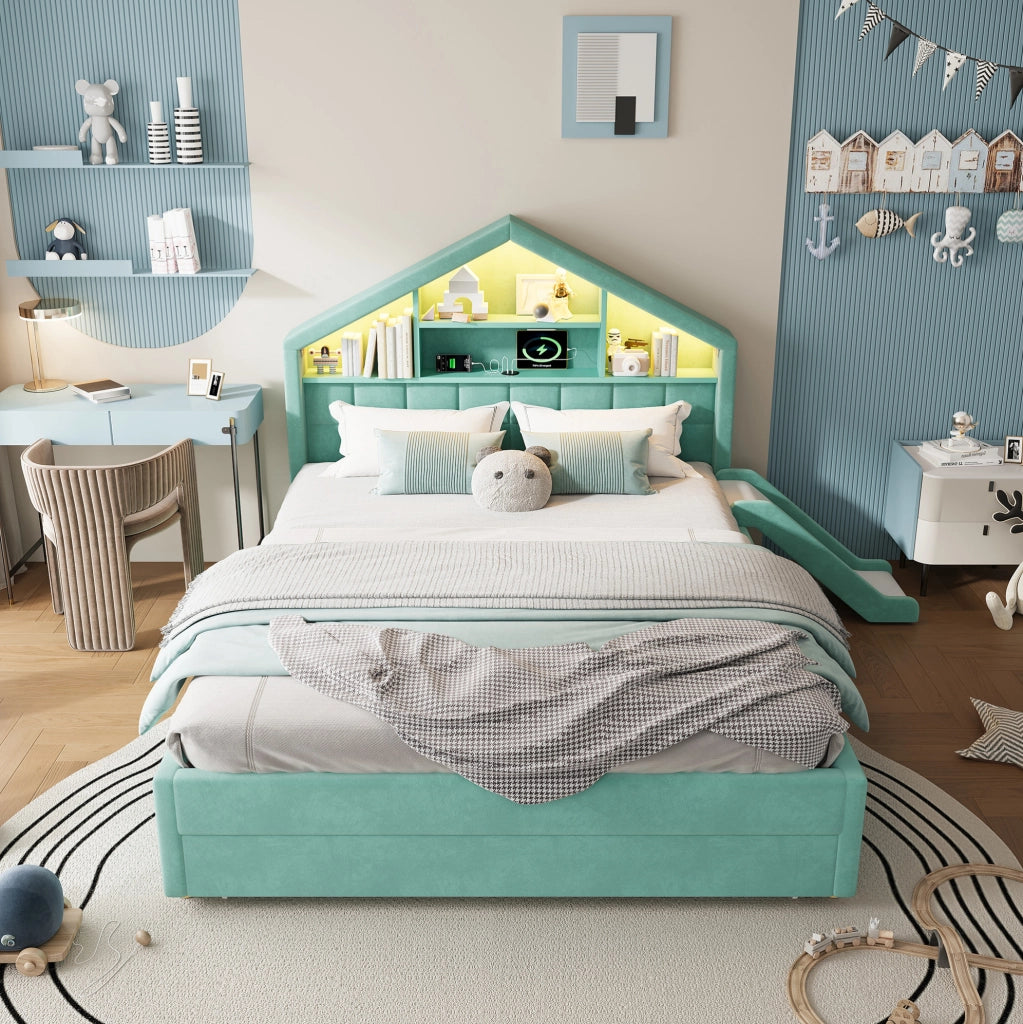 Letto per bambini 140 x 200 cm in velluto blu e verde con scivolo e contenitore