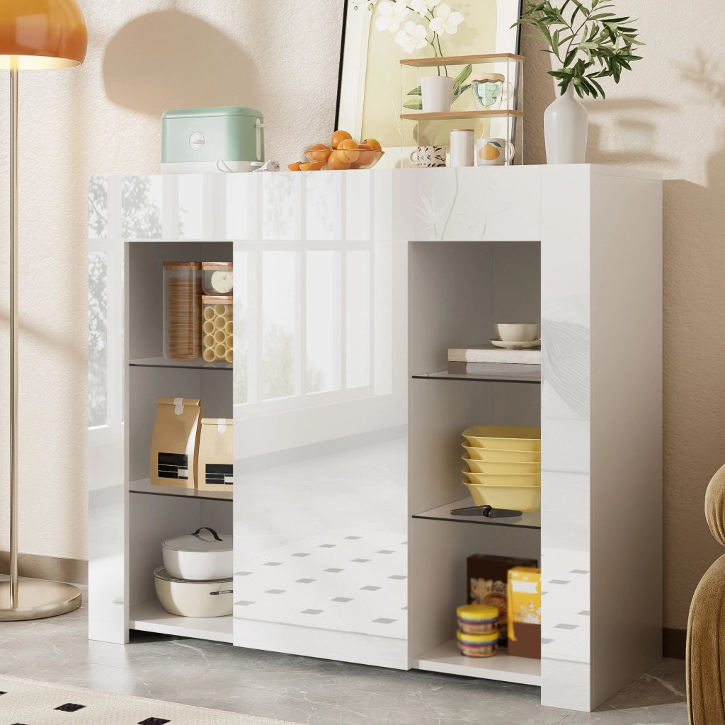 Credenza moderna 95x35x83 cm con ripiani in vetro e anta; struttura in truciolare bianco