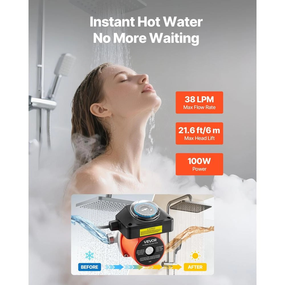 Pompa di Ricircolo Acqua Calda 100W 38L/min con Timer Pompa di Circolazione per Caldaia Scaldabagno 220-240V IPX8 15PBG-6B