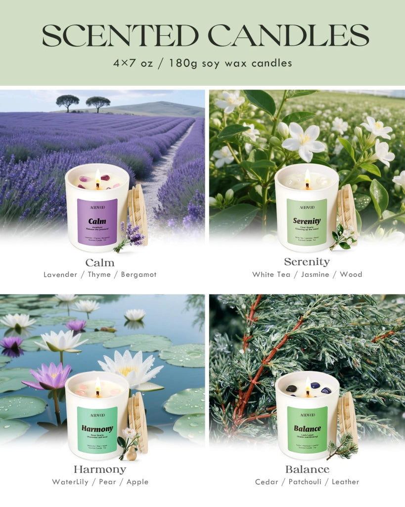 Set di candele profumate, 4 pezzi, 800 grammi, 200 ore di durata, profumazioni: lavanda, gelsomino, ninfea, patchouli