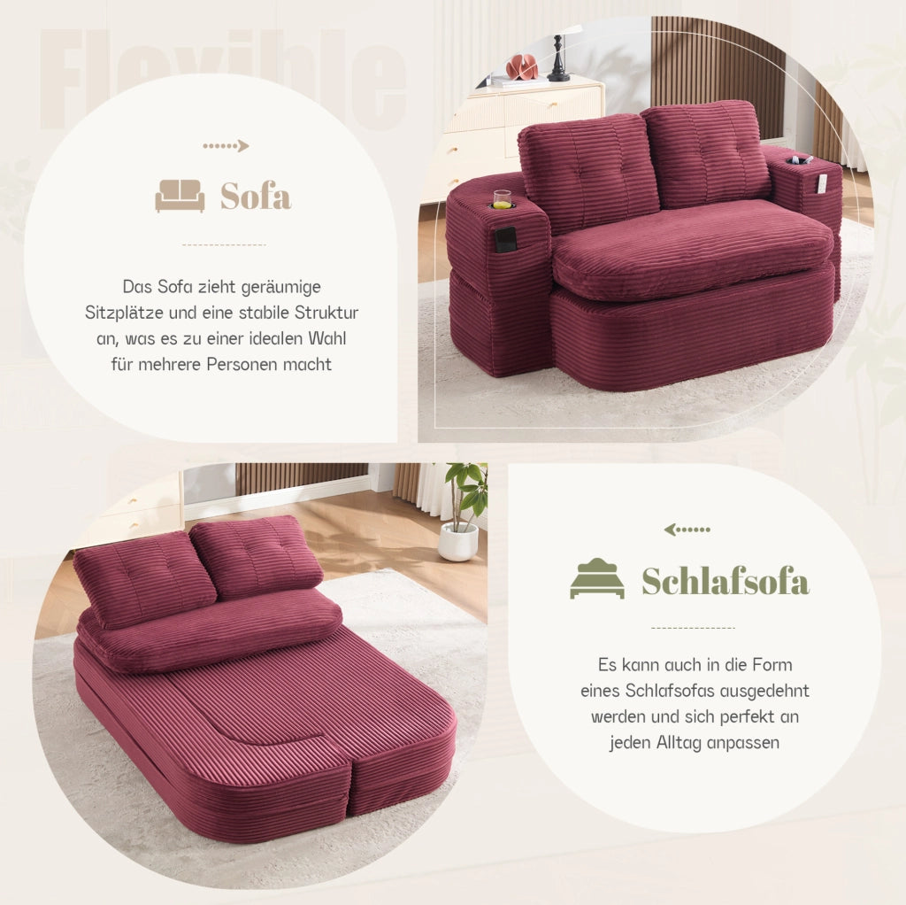 Poltrona trasformabile 2 in 1 in velluto a coste rosso vino