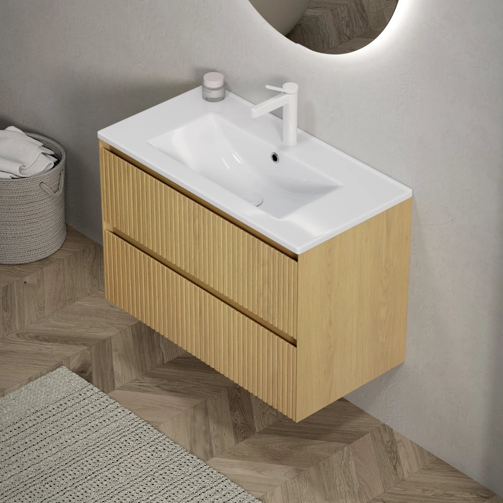 Mobile bagno sospeso 75 cm con lavabo integrato in ceramica; 2 cassetti con chiusura ammortizzata; rovere dorato e bianco