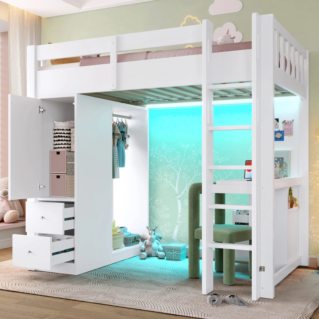 Letto a soppalco 90x200 cm con scrivania; 4 cassetti; LED e USB; in pino e MDF bianco