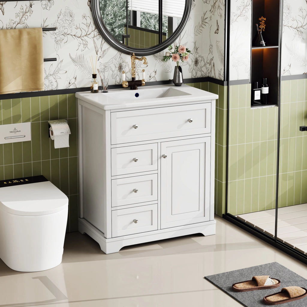 Mobile lavabo bagno 76 × 46 × 87 cm, MDF bianco, lavabo ceramico, 3 cassetti