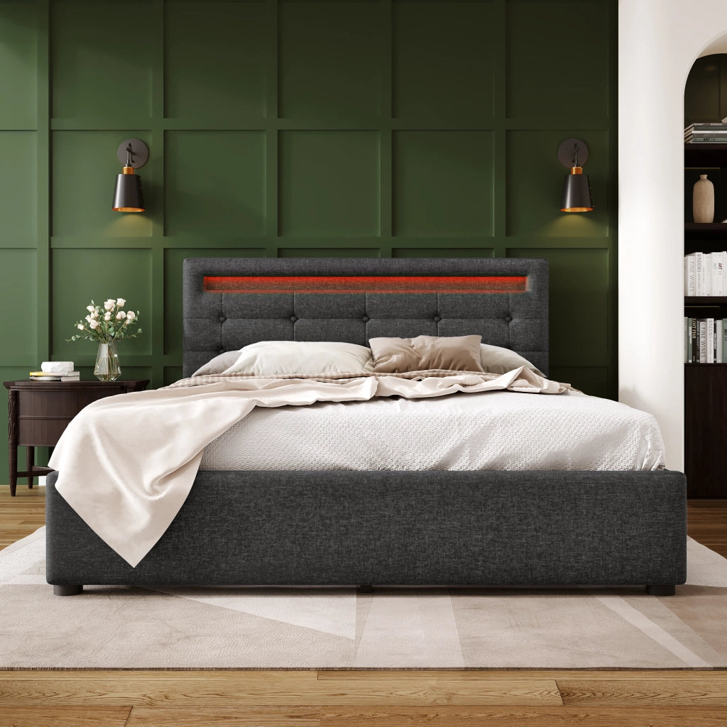Letto singolo 90 ¡Á 200 cm con 2 cassetti LED testiera regolabile rivestito in lino nero con rete a doghe