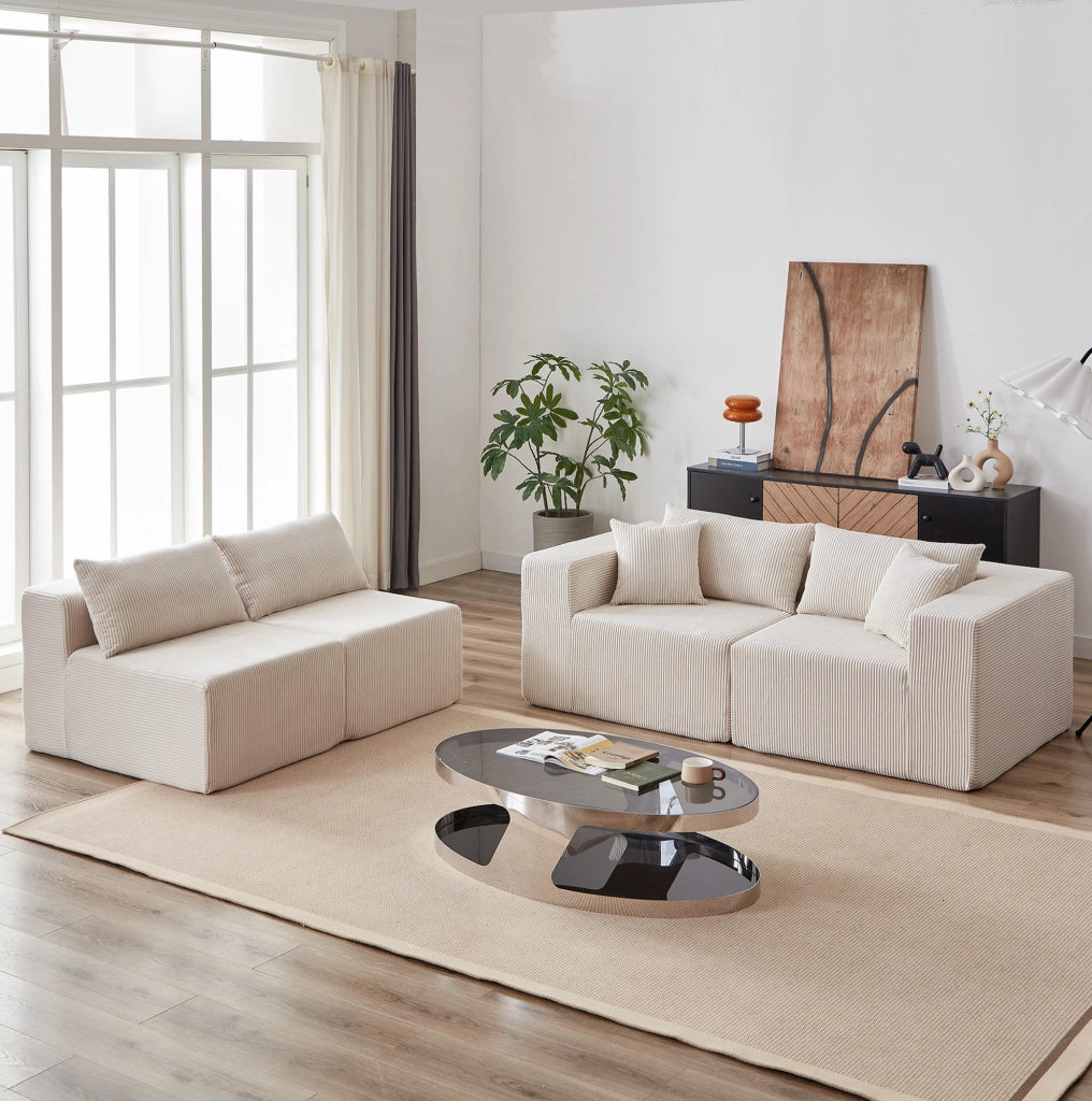 Divano modulare a L in velluto a coste beige, 264 x 167 x 71 cm