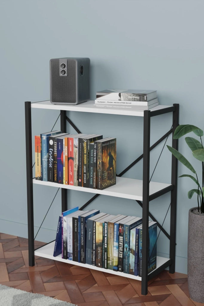 Libreria, 3 ripiani, bianca, 78x30x60 cm, realizzata in legno e metallo