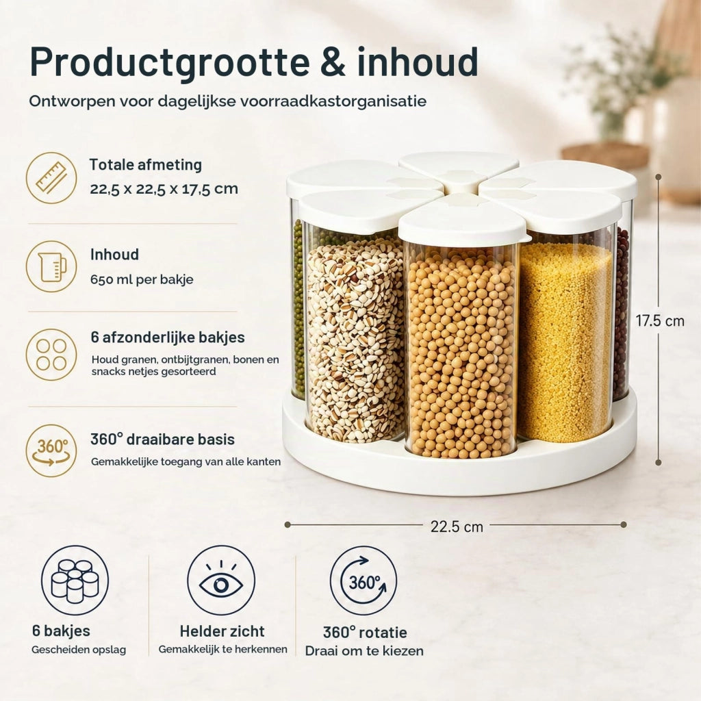 Distributore rotante per cereali, capacità 6 x 650 ml, privo di BPA, dimensioni 22,5 cm