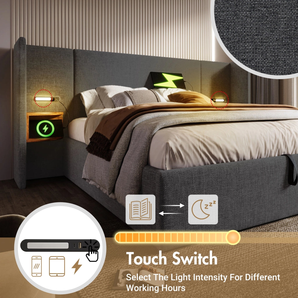 Letto Contenitore 160 x 200 cm, Matrimoniale, Lampada Touch, USB e Tipo C, Grigio