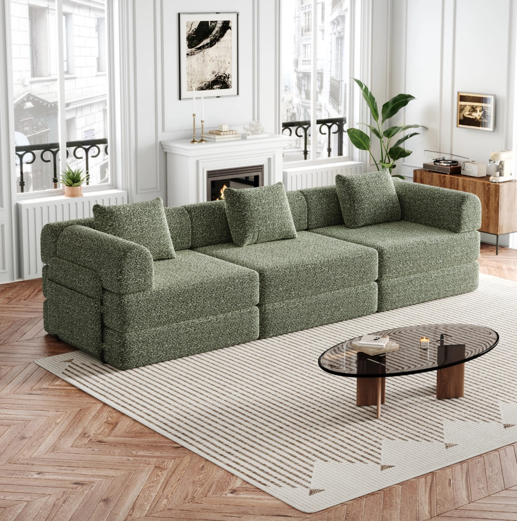 Divano letto in ciniglia verde con vano nel bracciolo, 274 cm