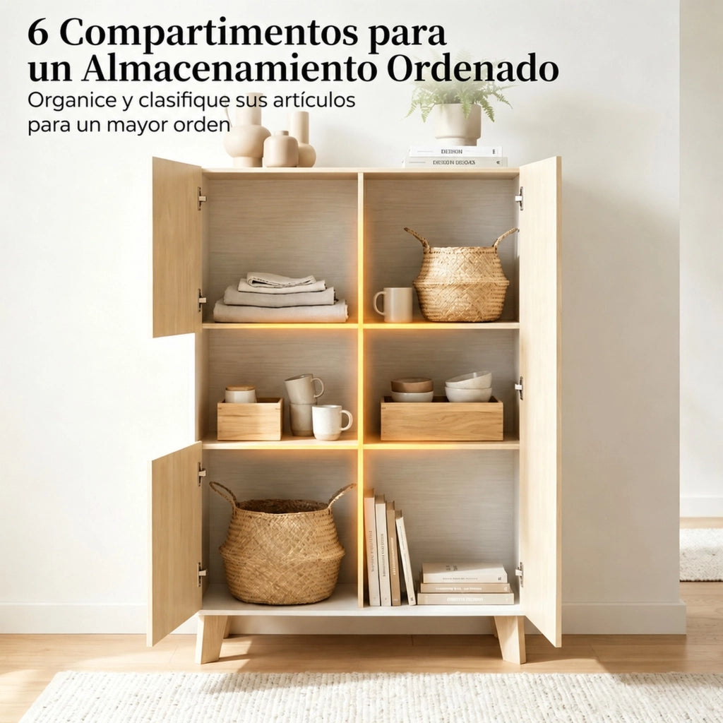 Credenza bianca e rovere chiaro con cinque vani, 80 x 40 x 135 cm
