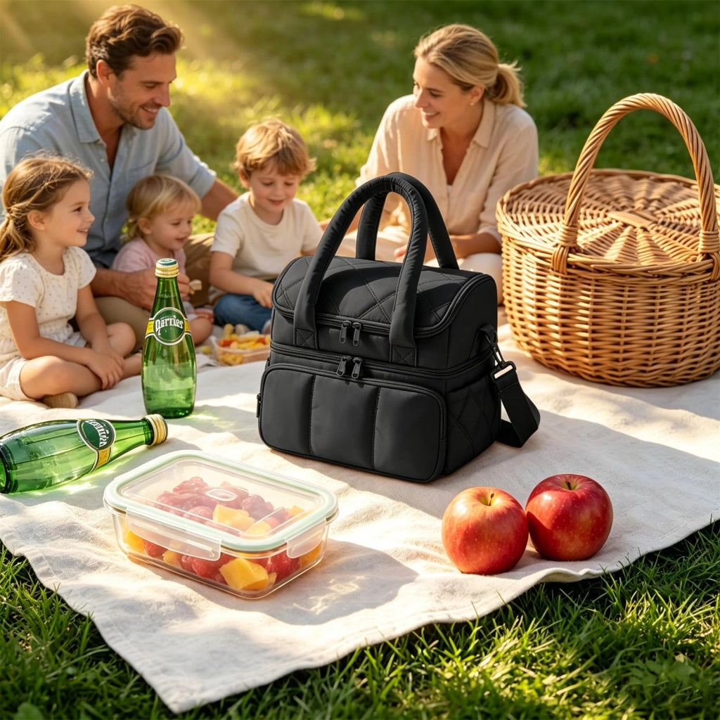 Borsa termica per il pranzo, con 2 scomparti, nera, capacità 1200 ml, ideale per il lavoro e i viaggi
