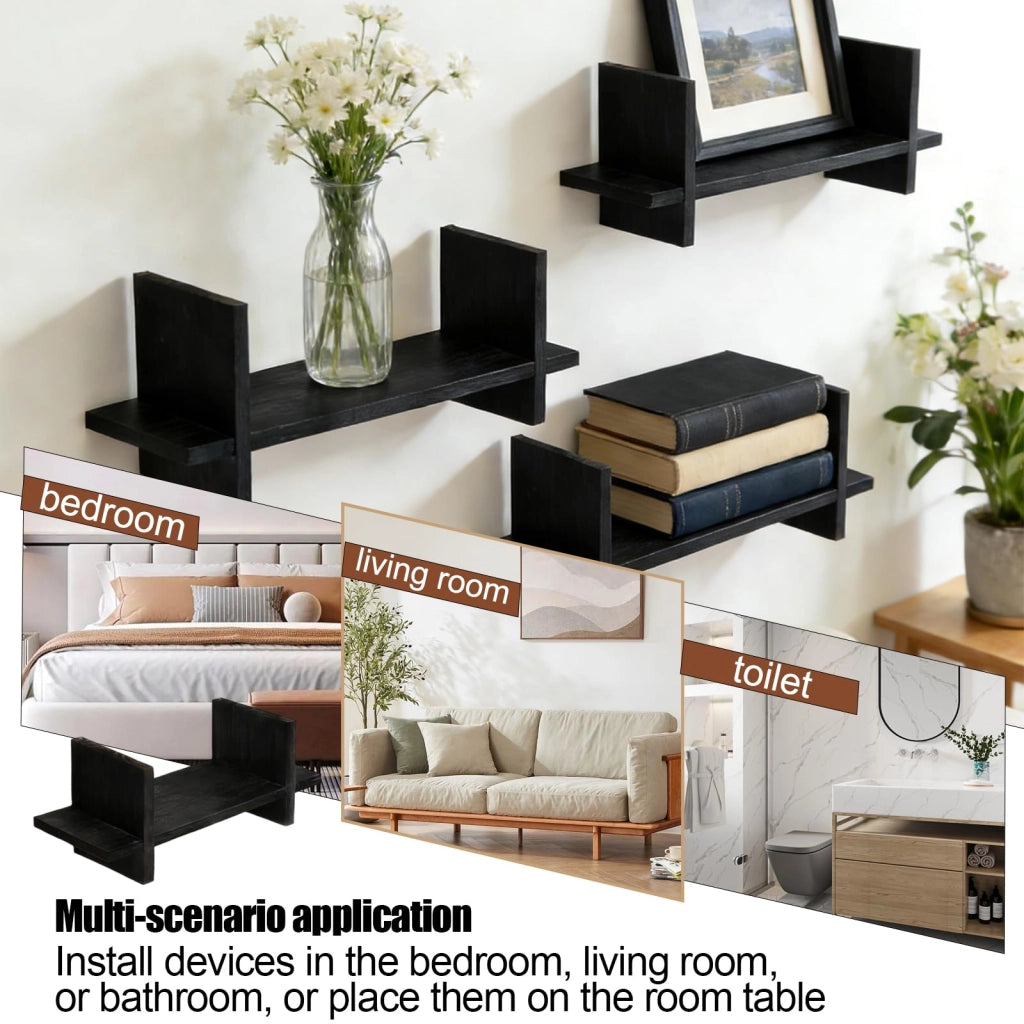 Set di 3 mensole sospese in legno, colore nero