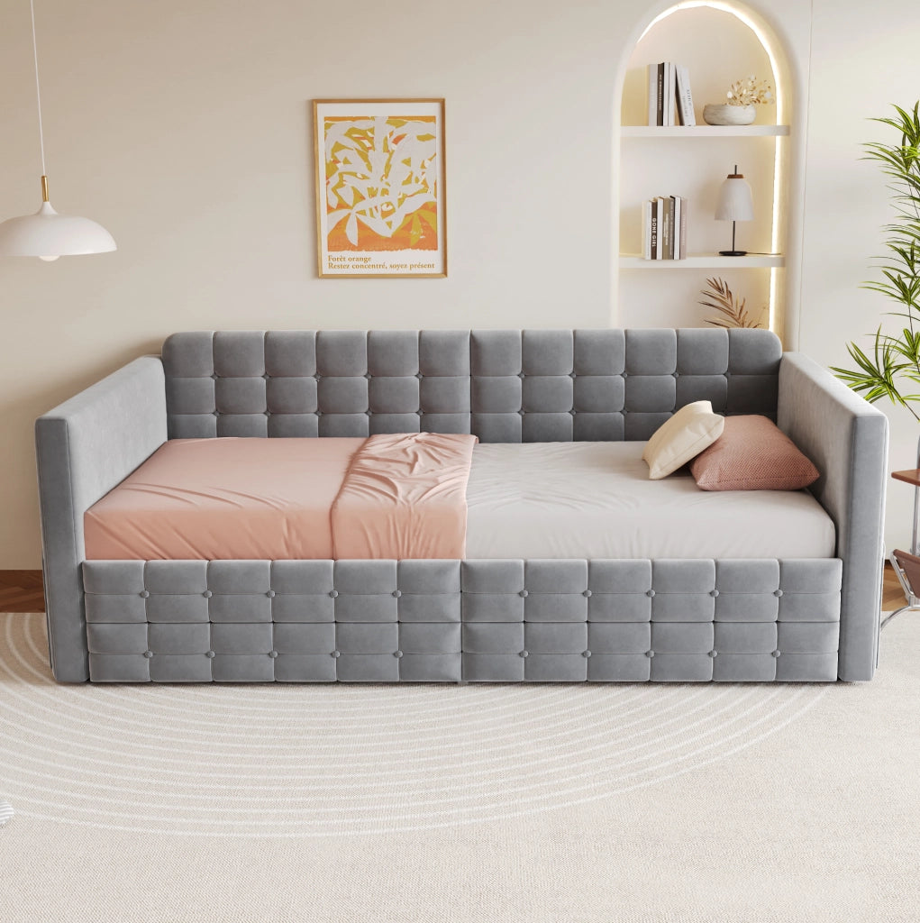 Letto Singolo 90x190 cm in Velluto Grigio con Contenitori Laterali e Due Cassetti Sotto il Letto