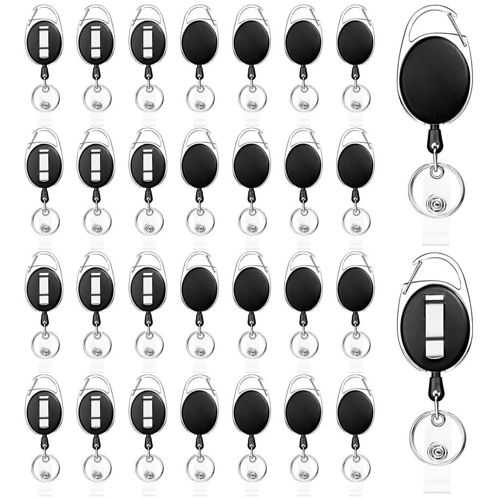 30 portabadge retrattili con clip e cordino da 69 cm, nero argento, per tessere identificative, chiavi, ufficio, scuola, fiera, negozio e uso di gruppo