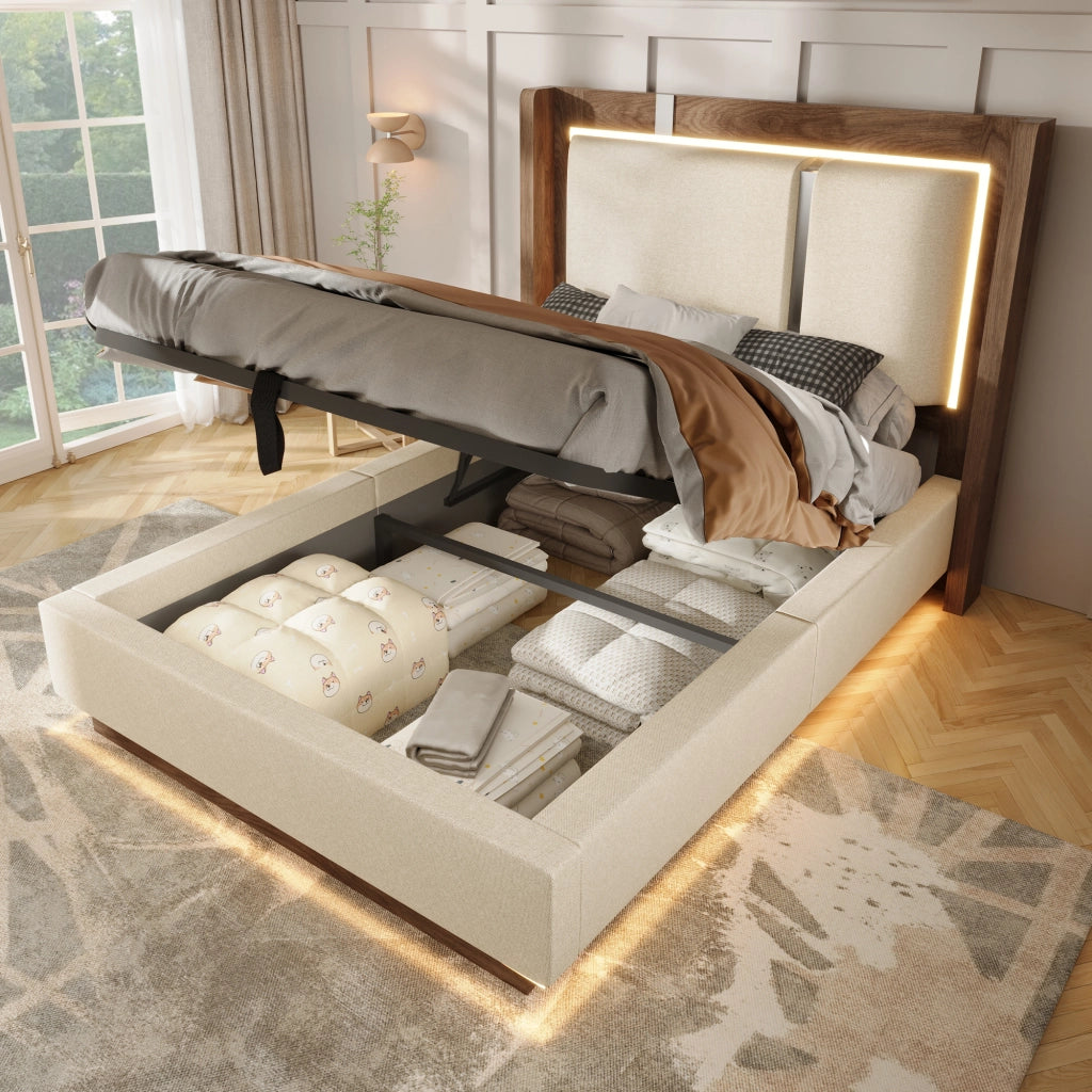 Letto imbottito 90x200 cm beige con contenitore idraulico