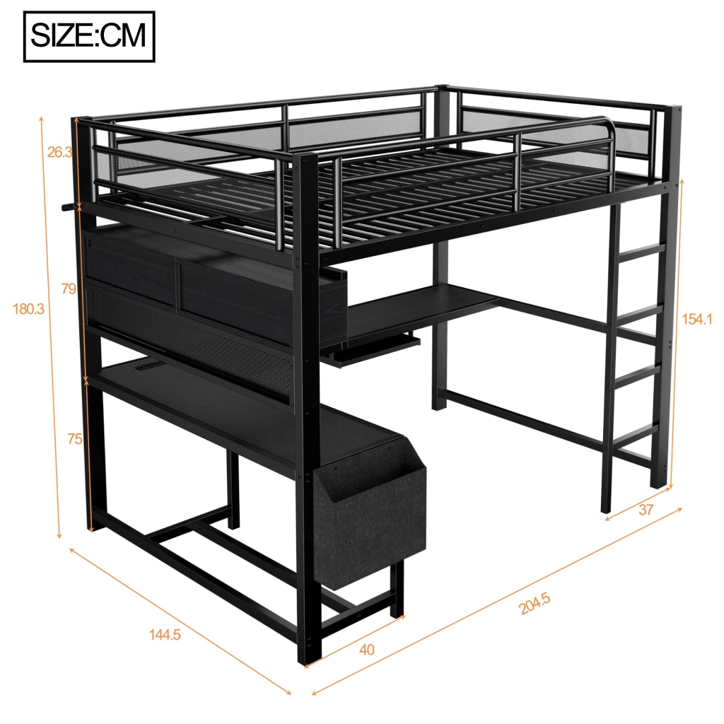 Letto a soppalco 140 × 200 cm con scrivania illuminazione led ricarica mdf e metallo nero