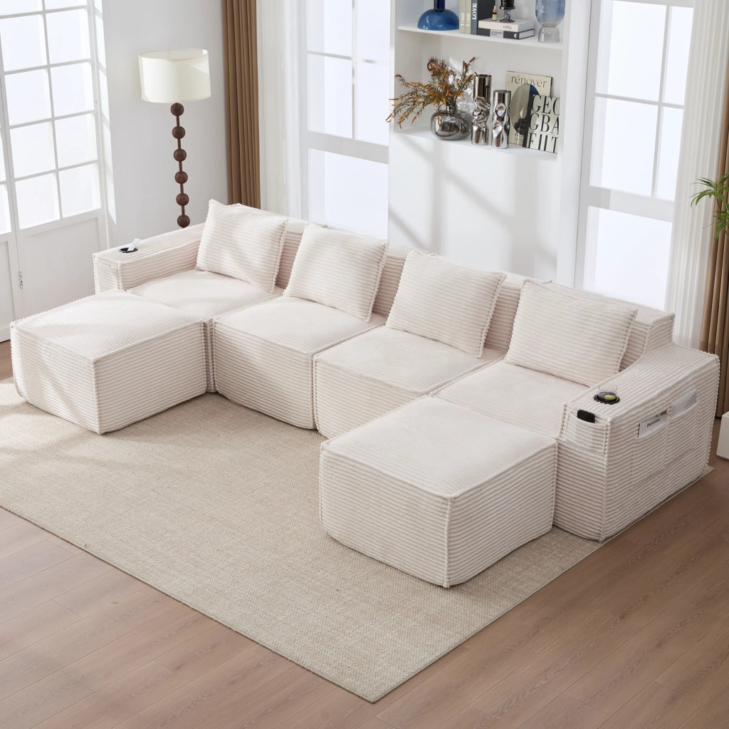 Divano modulare 4 posti 330x162x75 cm con 2 pouf, portabicchieri, tasche laterali e cuscini inclusi in velluto a coste beige