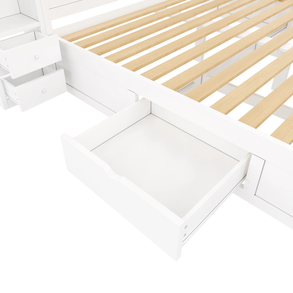 Letto a piattaforma 140 × 200 cm con testiera e pediera in MDF e compensato bianco 7 cassetti e LED