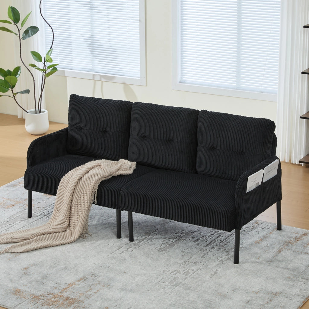 Divano 3 posti 171x72x80 cm in cord nero con tasche laterali