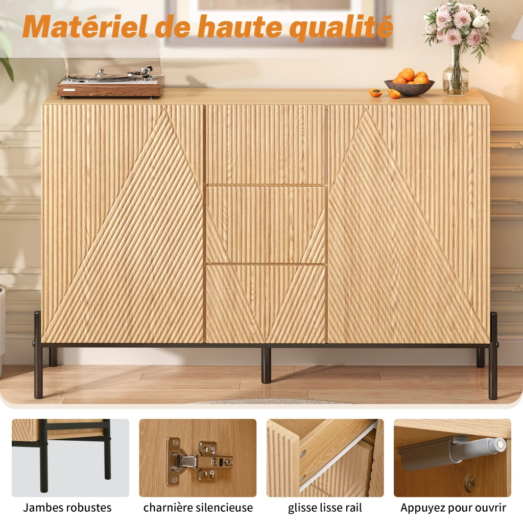 Credenza 115,5 × 40 × 76 cm con due ante geometriche e cassetto centrale in MDF naturale con gambe in ferro nero