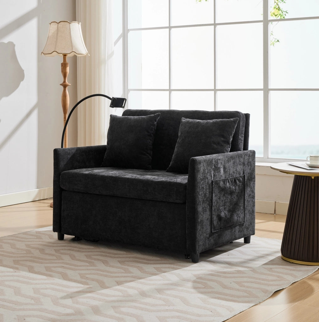 Divano letto singolo nero con porta USB e supporto per tablet