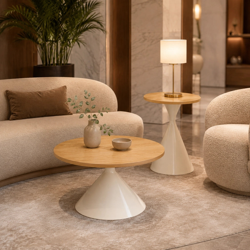 Tavolini da salotto set di 2 rotondi Ø 70 × 40 cm e Ø 50 × 55 cm in MDF e metallo bianco effetto legno
