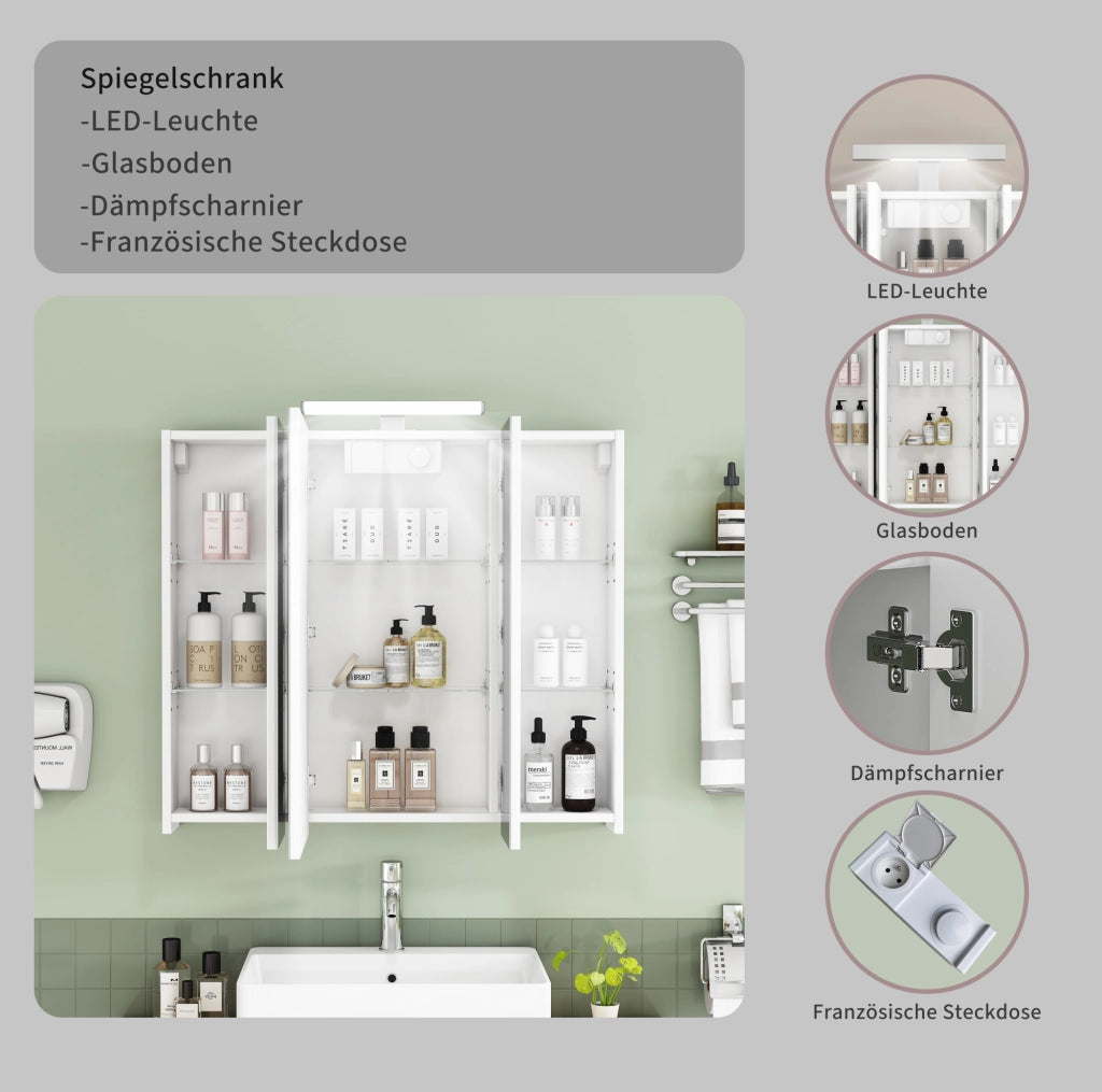 Mobile bagno bianco 80 cm con 3 ante, illuminazione LED, ripiani in vetro regolabili e presa francese integrata