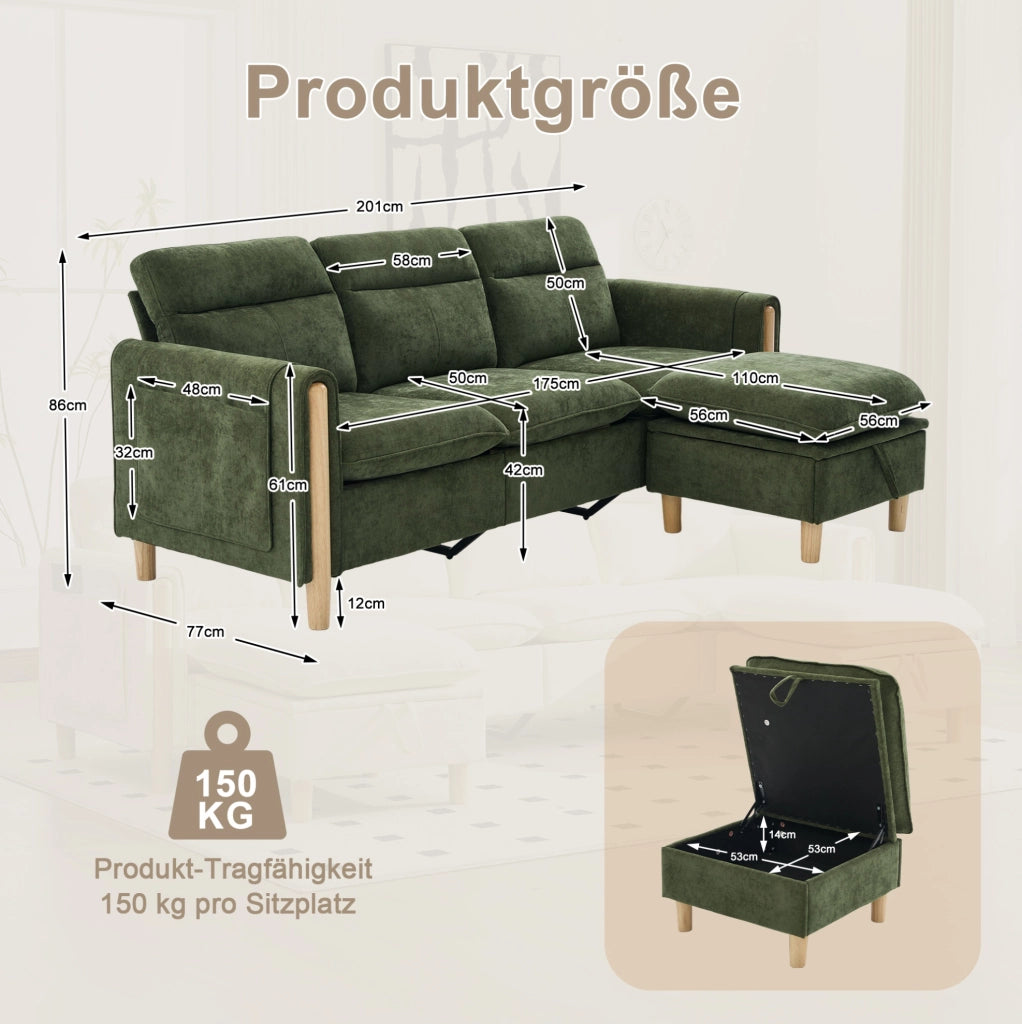 Divano a 3 posti in ciniglia verde con pouf contenitore reversibile