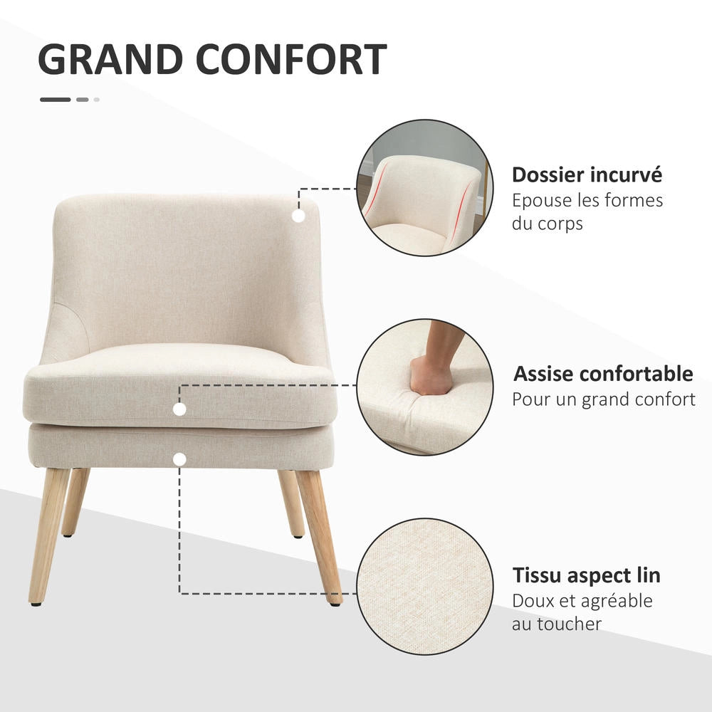 Poltrona Scandinava da Salotto in Tessuto Effetto Lino Beige con Gambe in Legno Massello Poltroncina Ergonomica per Camera da Letto e Soggiorno