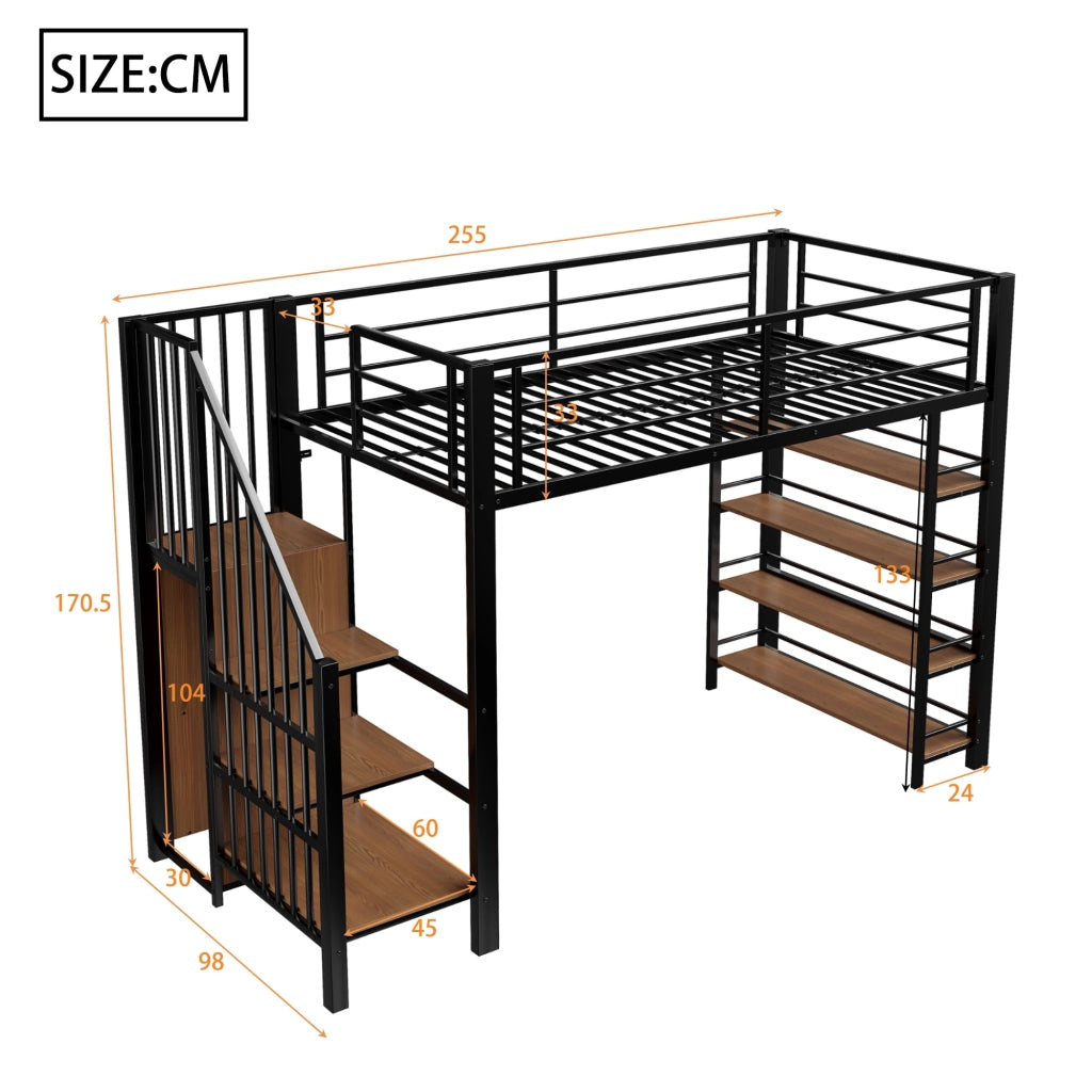Letto a soppalco singolo 90 × 200 cm con scala contenitore guardaroba ripiani in metallo nero per bambini