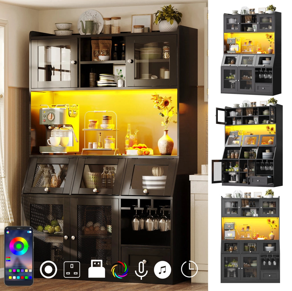 Mobile da cucina 120x40x181;7 cm con LED multicolore; USB e ripiani regolabili; MDF e metallo; nero