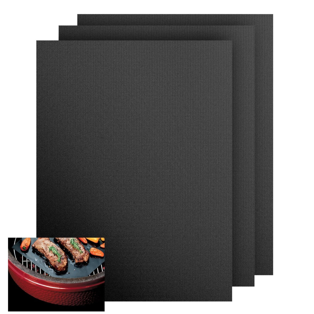 3 tappetini antiaderenti per barbecue, dimensioni 32x50 cm, in PTFE, riutilizzabili, colore nero
