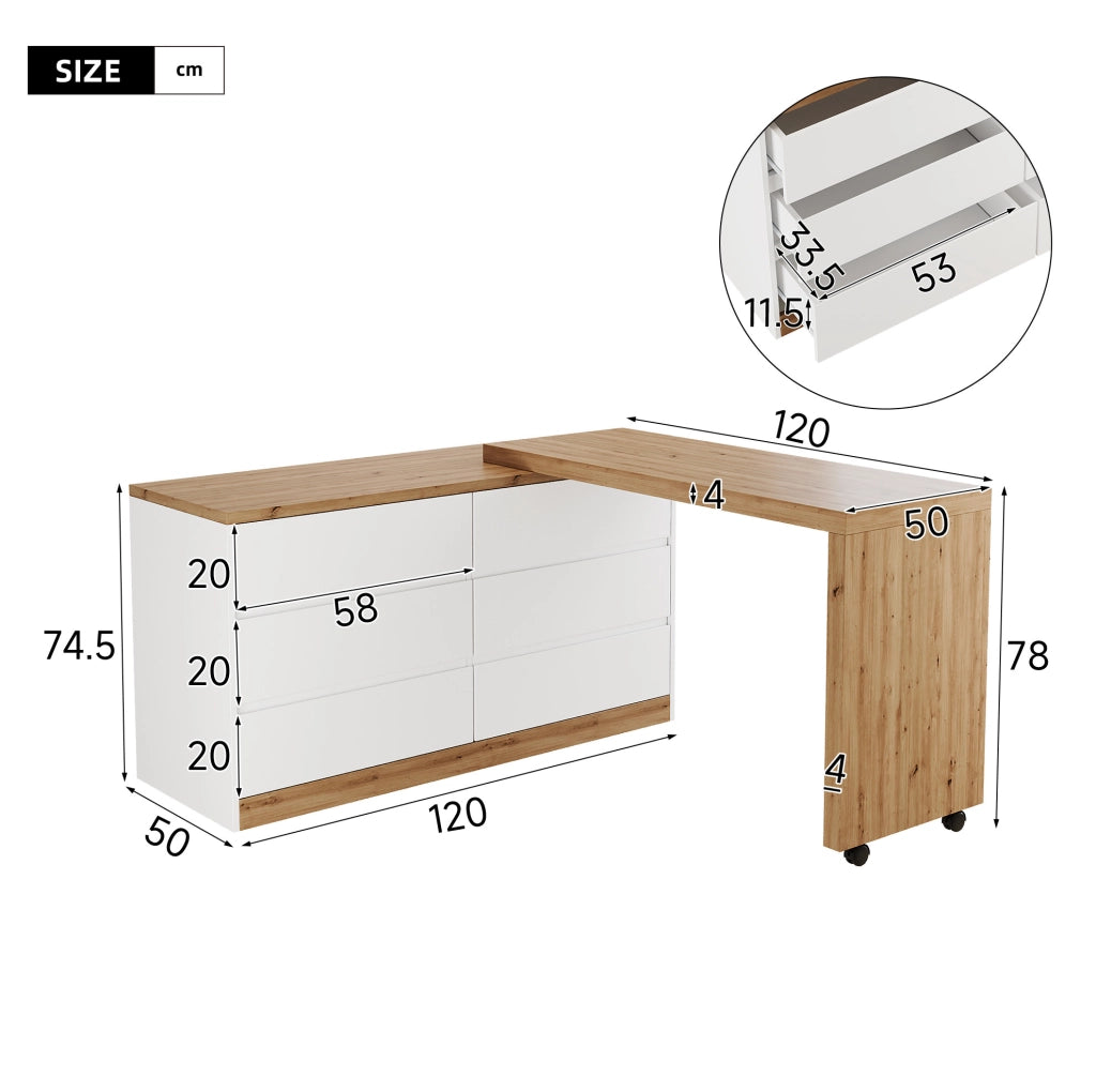 Scrivania girevole 120x50 cm con 6 cassetti e ruote bloccabili in truciolare rovere e bianco