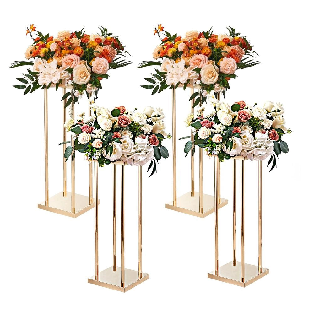 Set 4 Supporti Portafiori a Colonna in Ferro Dorato 20x20x80 cm per Centrotavola Matrimonio ed Eventi
