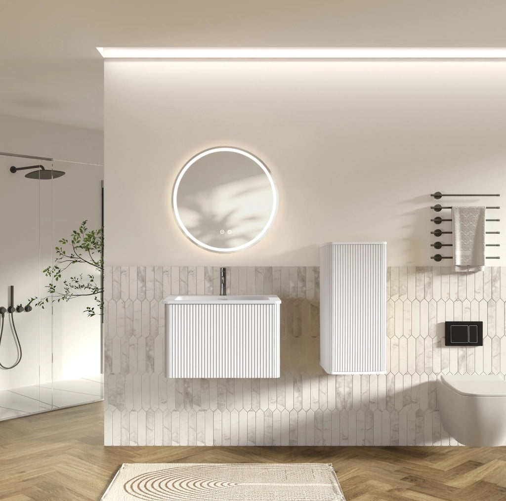 Mobile bagno 60 cm bianco con lavabo e specchio LED rotondo, sospeso